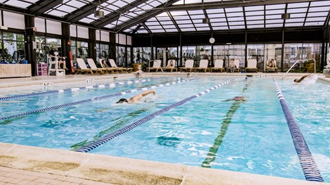 two people swimming in an indoor swimming pool